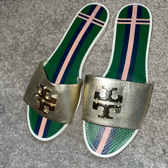 Tory Burch Shoes - Tory Burch logo metallic jelly slide